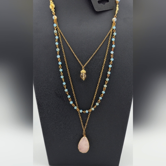 Layered Gold Tone Necklace w/ Rose Quartz & Crystal Beads 28” - Picture 1 of 9